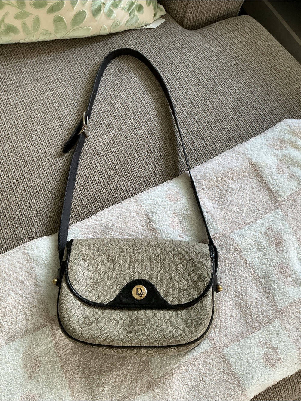 Dior Beige Monogram Shoulder Bag with Black Trim